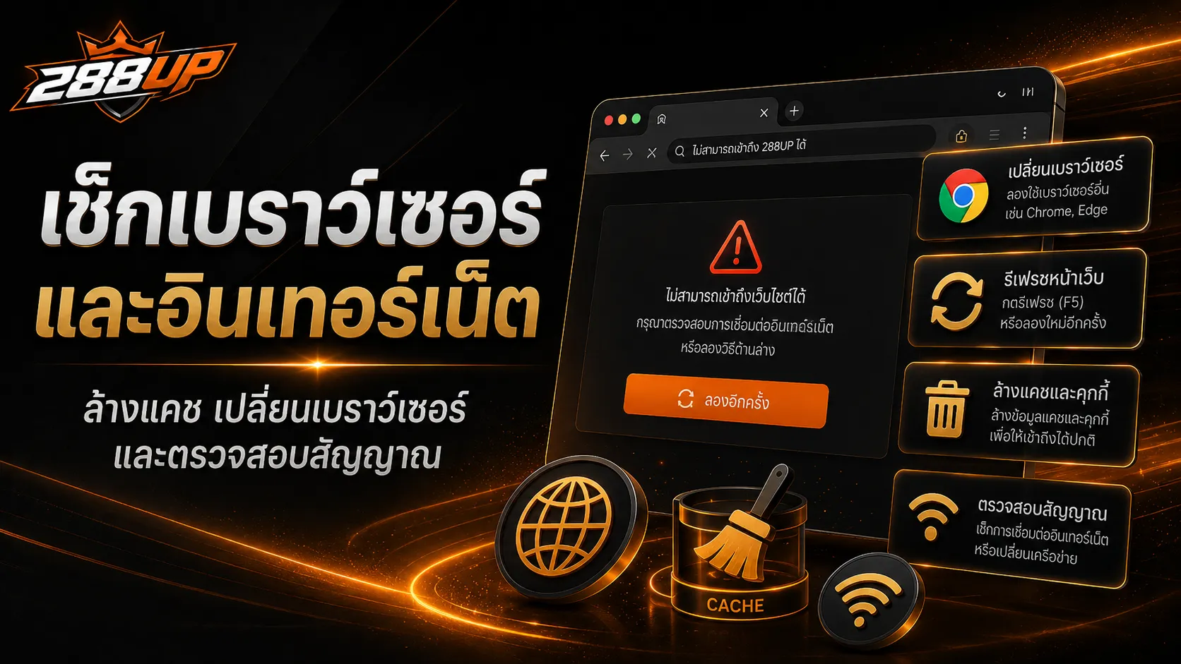 สาเหตุที่เข้า 288UP ไม่ได้ เช่น ลิงก์ผิด อินเทอร์เน็ตไม่เสถียร และแคชเบราว์เซอร์