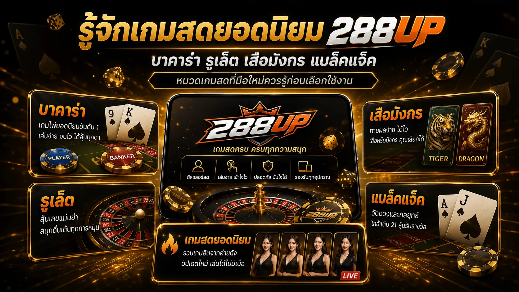 บาคาร่า รูเล็ต เสือมังกร และแบล็คแจ็คในคาสิโนสด 288UP