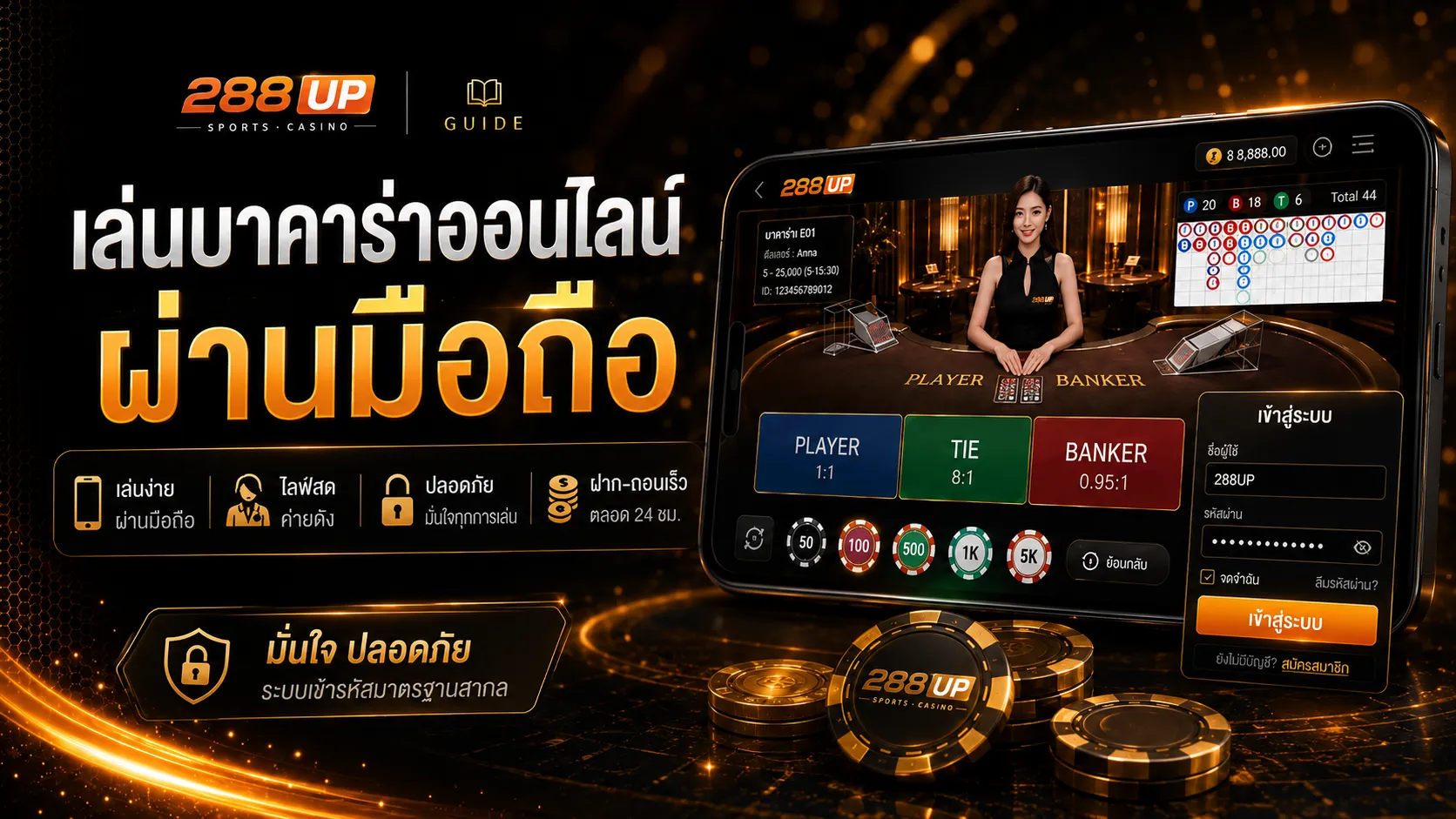 เล่นบาคาร่าออนไลน์ ผ่านมือถือ 288UP พร้อมดีลเลอร์สด