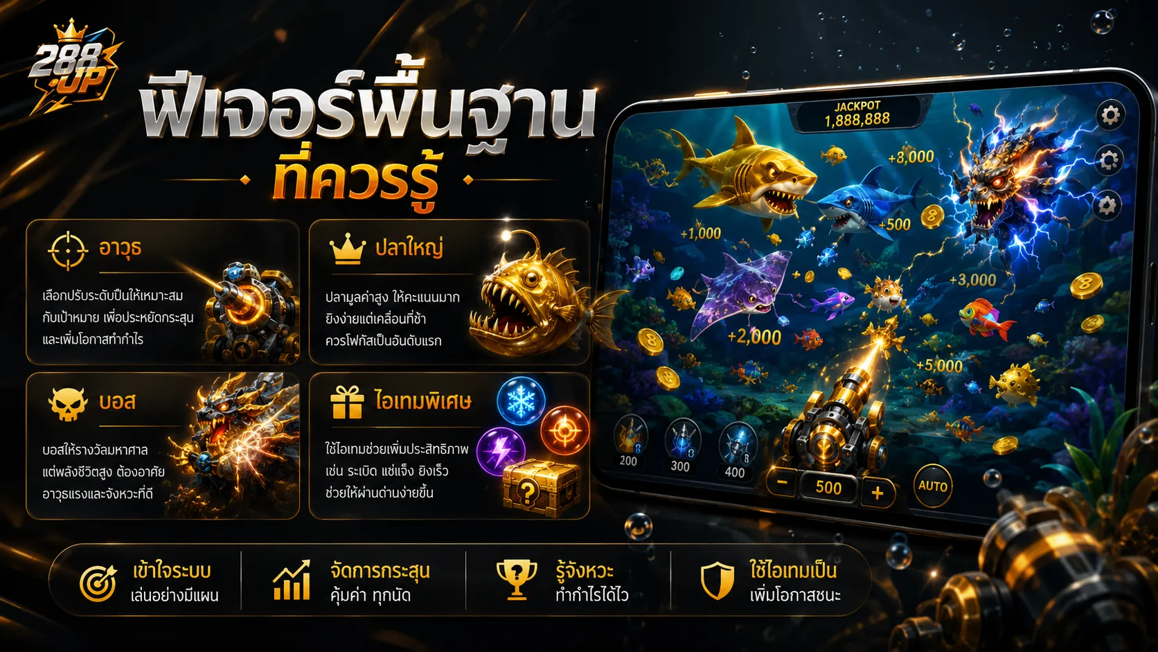 ฟีเจอร์เกมยิงปลา 288UP อาวุธ ปลา บอส และไอเทม