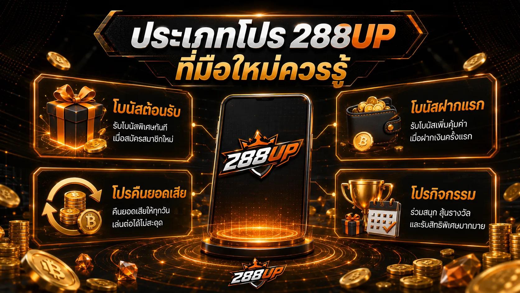 ประเภทโปร 288UP สำหรับมือใหม่ เช่น โบนัสต้อนรับ โบนัสฝากแรก และโปรคืนยอดเสีย