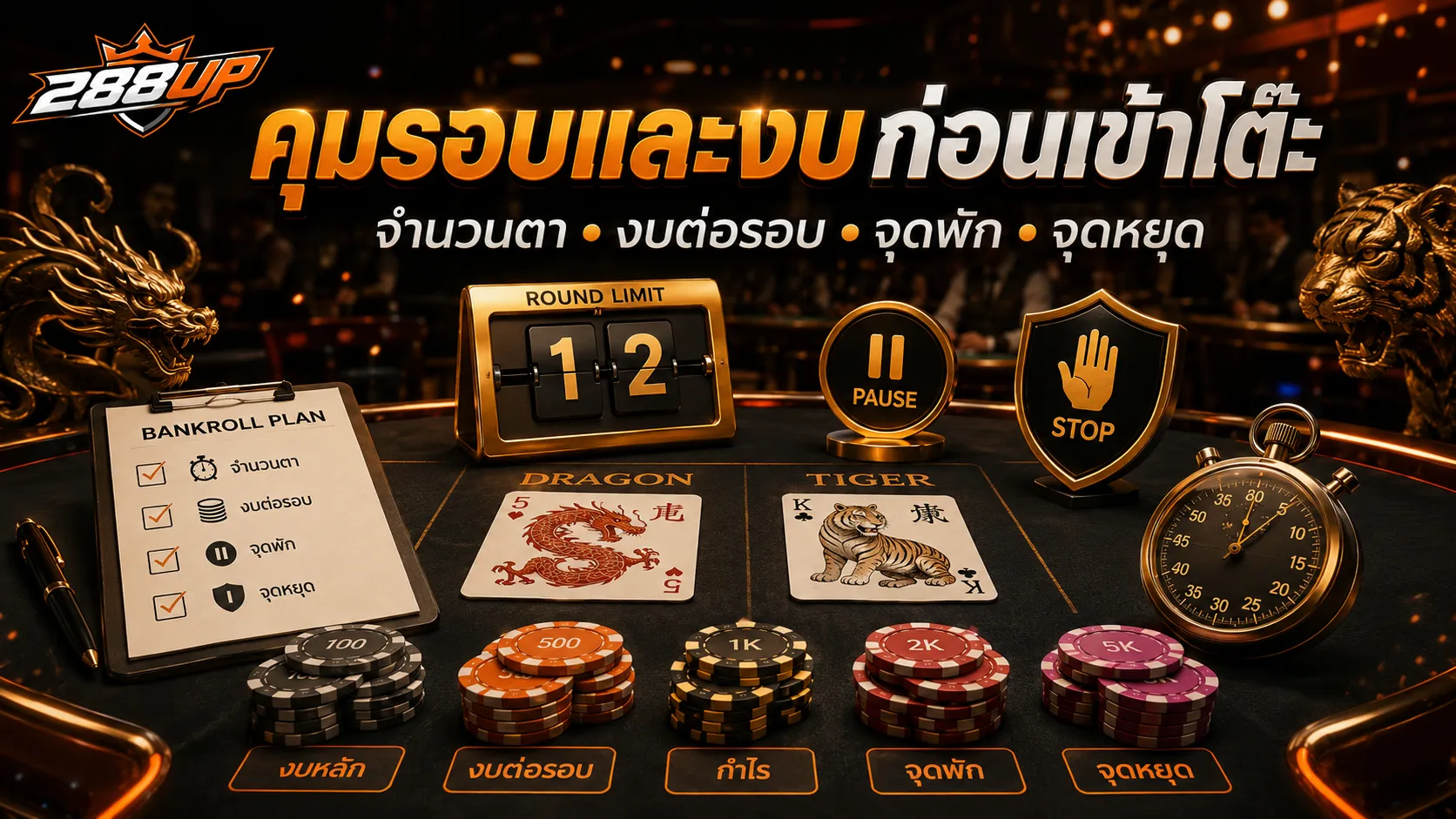 ก่อนเล่นเสือมังกรต้องตั้งจำนวนรอบ งบต่อรอบ จุดพัก และจุดหยุดให้ครบ