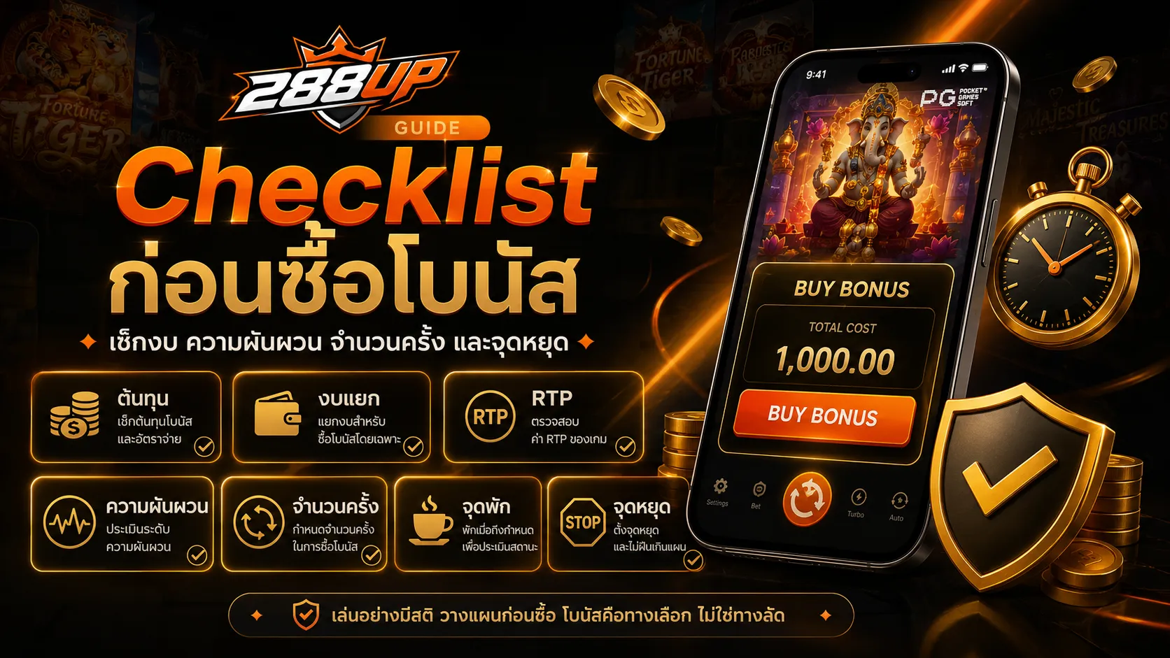 Checklist ก่อนซื้อโบนัสสล็อต PG เช็กงบ ความผันผวน จำนวนครั้ง และจุดหยุด