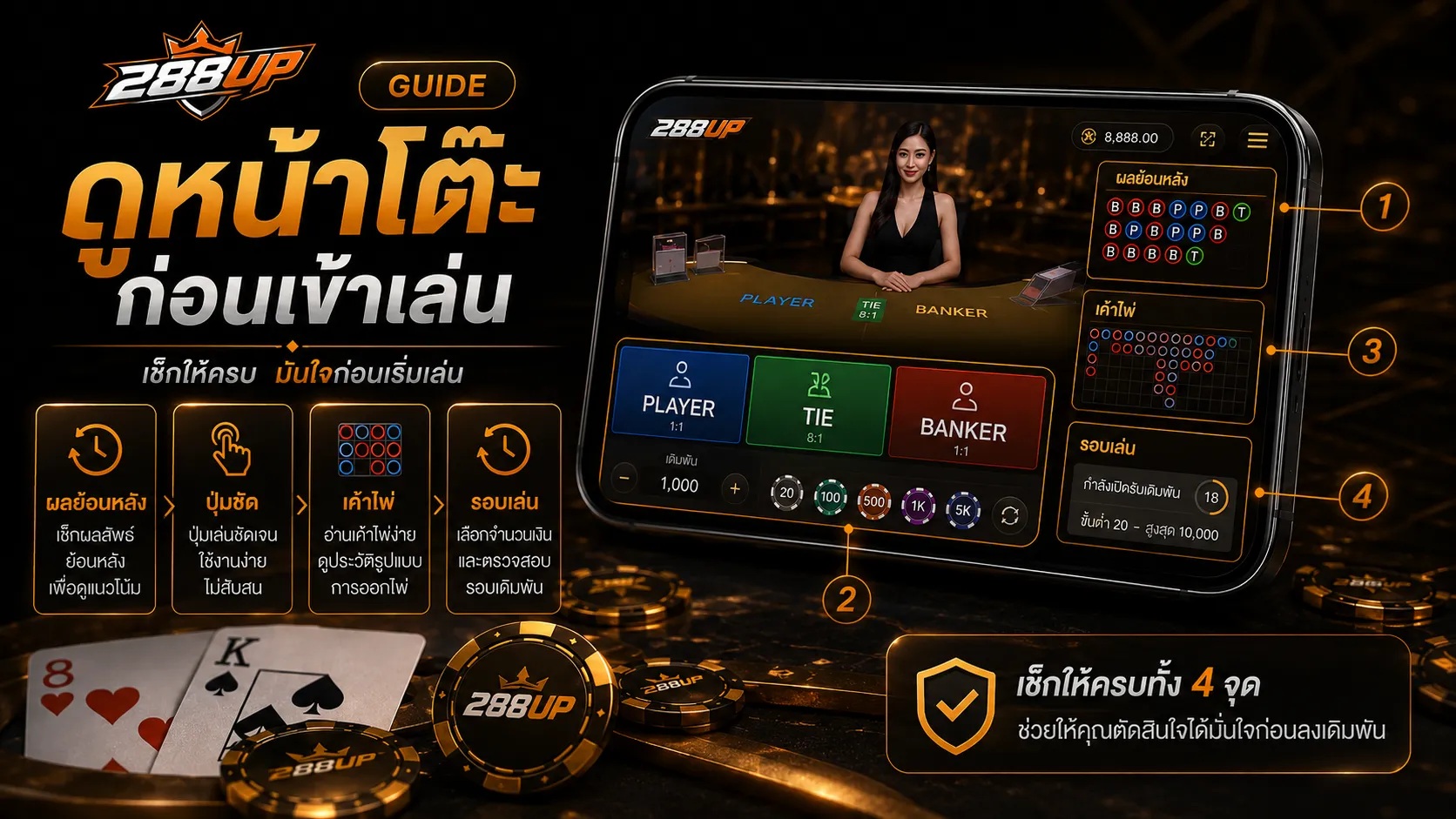 เลือกโต๊ะบาคาร่าออนไลน์ผ่านมือถือ ต้องเช็กผลย้อนหลัง เค้าไพ่ ปุ่มเล่น และความพร้อมของหน้าโต๊ะ