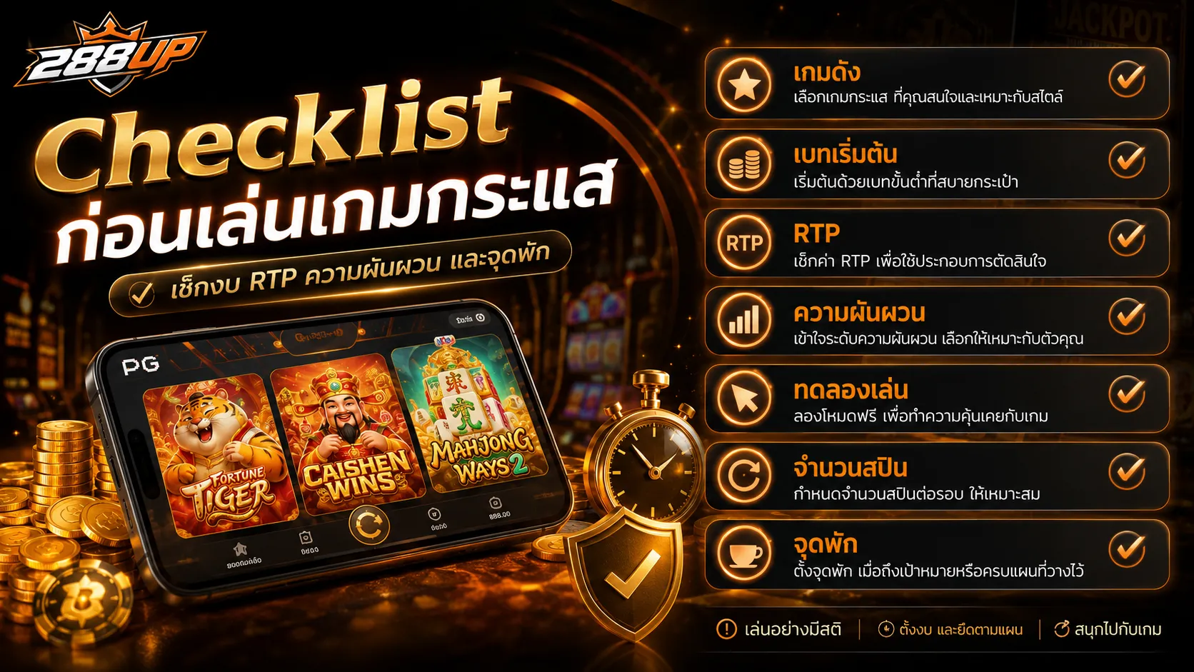 Checklist ก่อนเล่นสล็อต PG ตามกระแส เช็ก RTP ความผันผวน งบ ฟีเจอร์ และจุดพัก