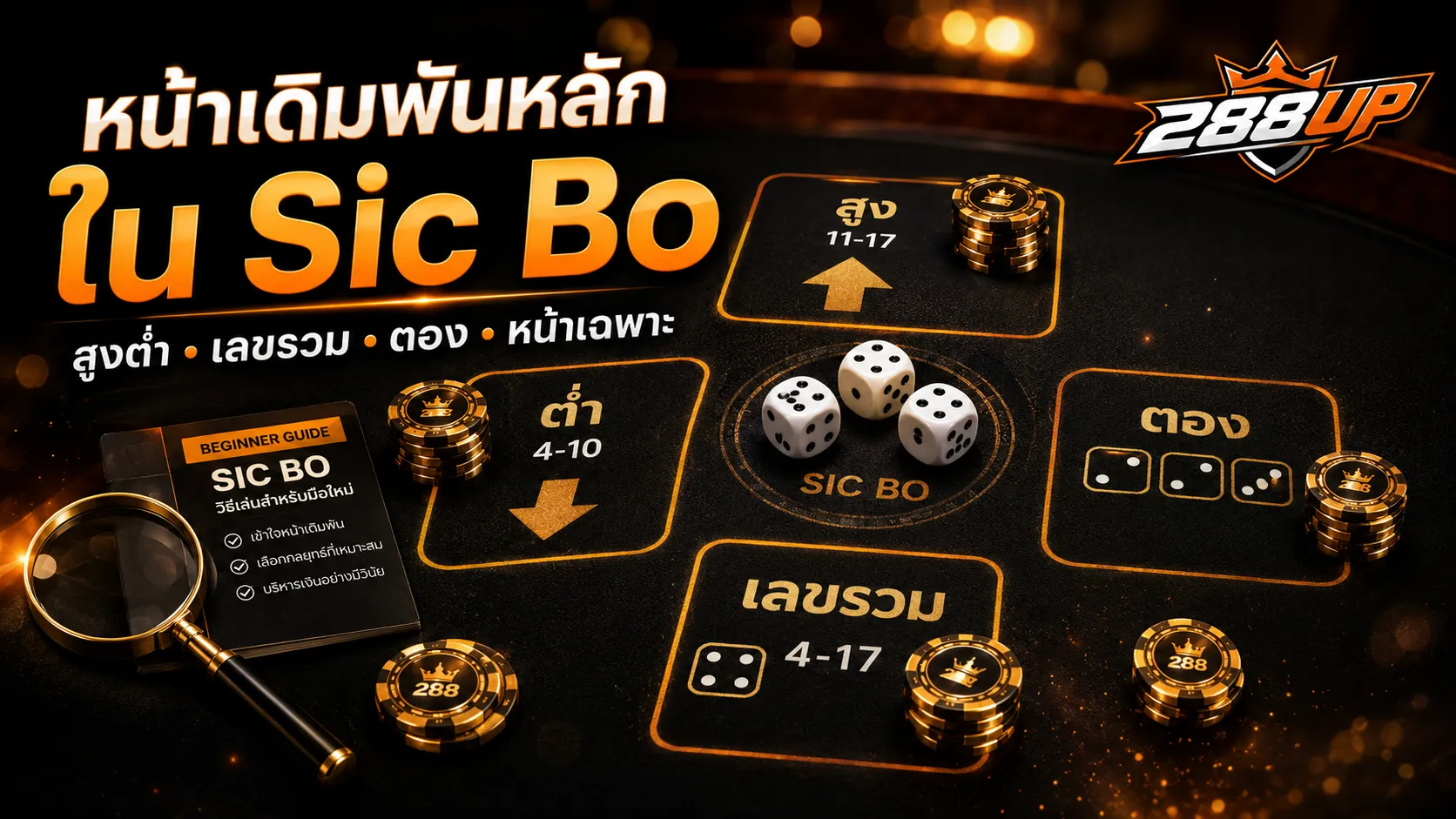 ตารางหน้าเดิมพัน Sic Bo แยกสูงต่ำ เลขรวม ตอง และหน้าเฉพาะ