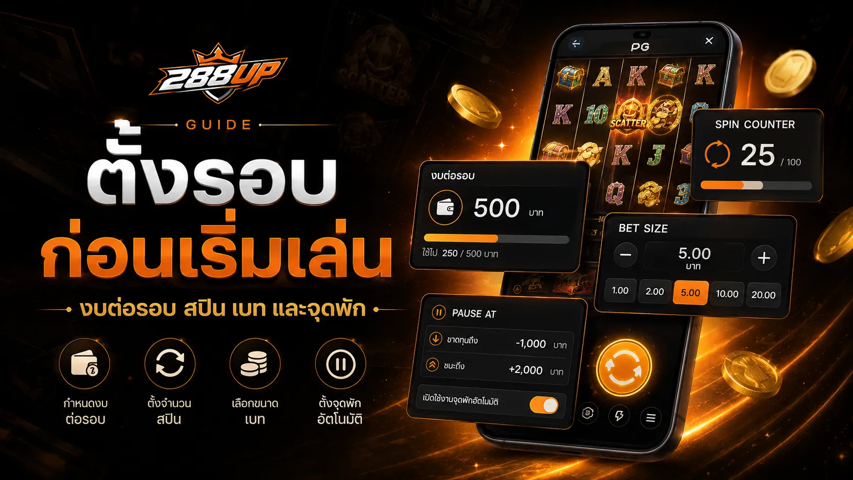 ตั้งรอบเล่นสล็อต PG ด้วยงบต่อรอบ จำนวนสปิน เบทต่อสปิน และจุดพัก