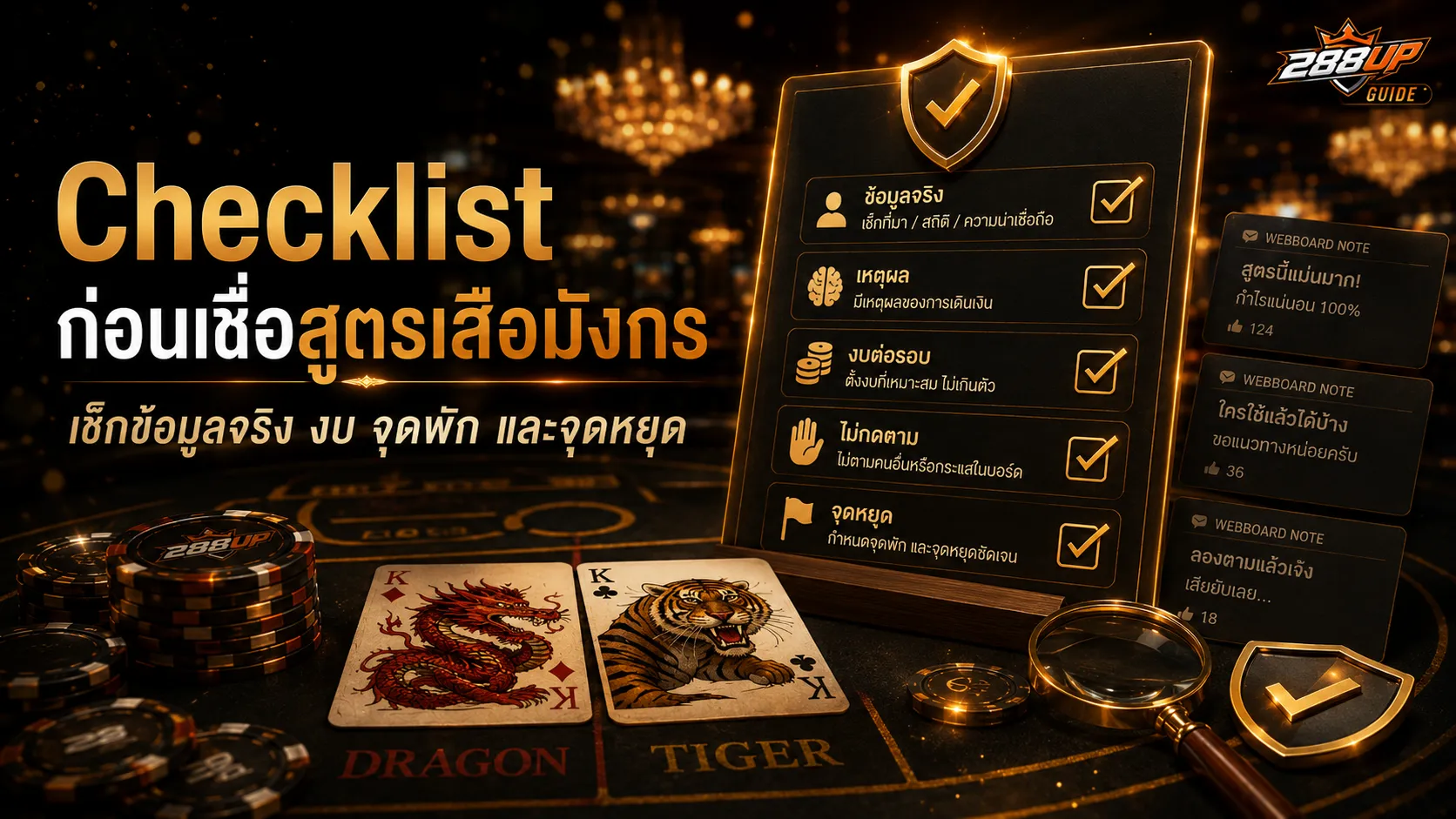 Checklist กรองสูตรเสือมังกรจากเว็บบอร์ดก่อนเชื่อ เช็กข้อมูลจริง งบ จุดพัก และจุดหยุด